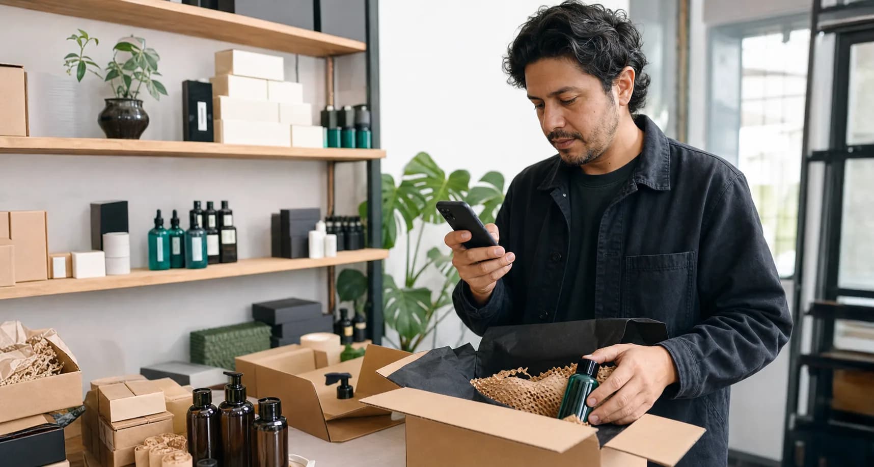 Dueño de una tienda preparando un pedido y consultando disponibilidad desde el teléfono