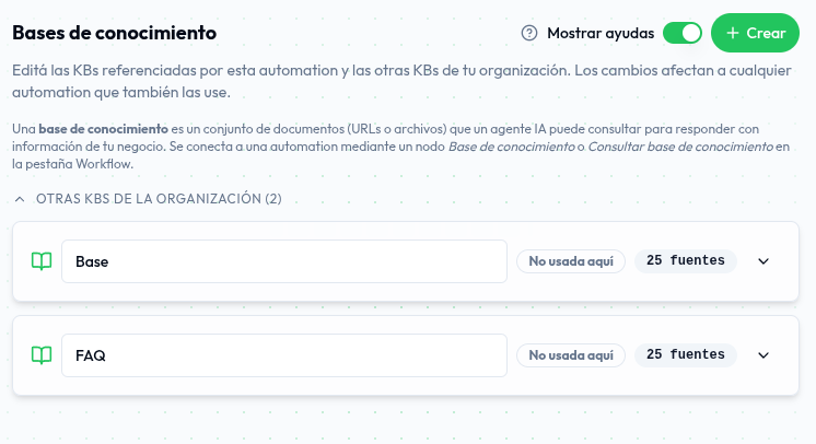 Pestaña Conocimiento del editor: bases de conocimiento de la organización con botón Crear