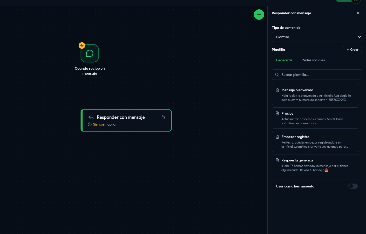 Editor con el sidebar de configuración del nodo «Responder con mensaje» abierto a la derecha