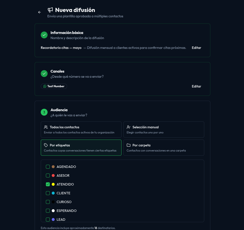 Selector de etiquetas para filtrar la audiencia