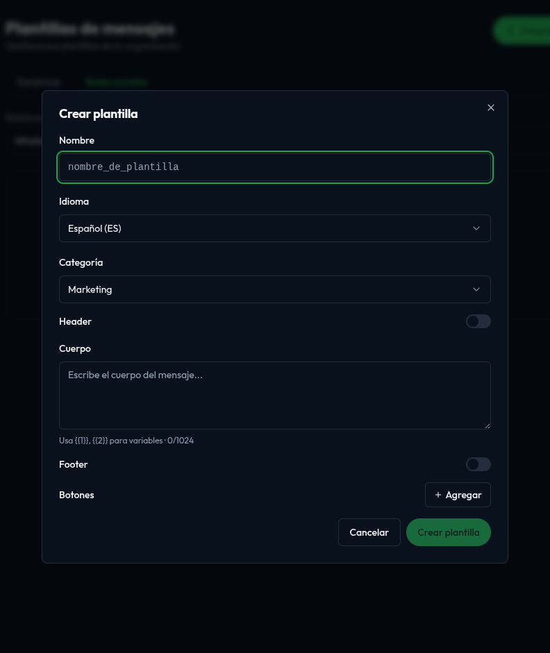 Modal vacío de creación de plantilla de WhatsApp