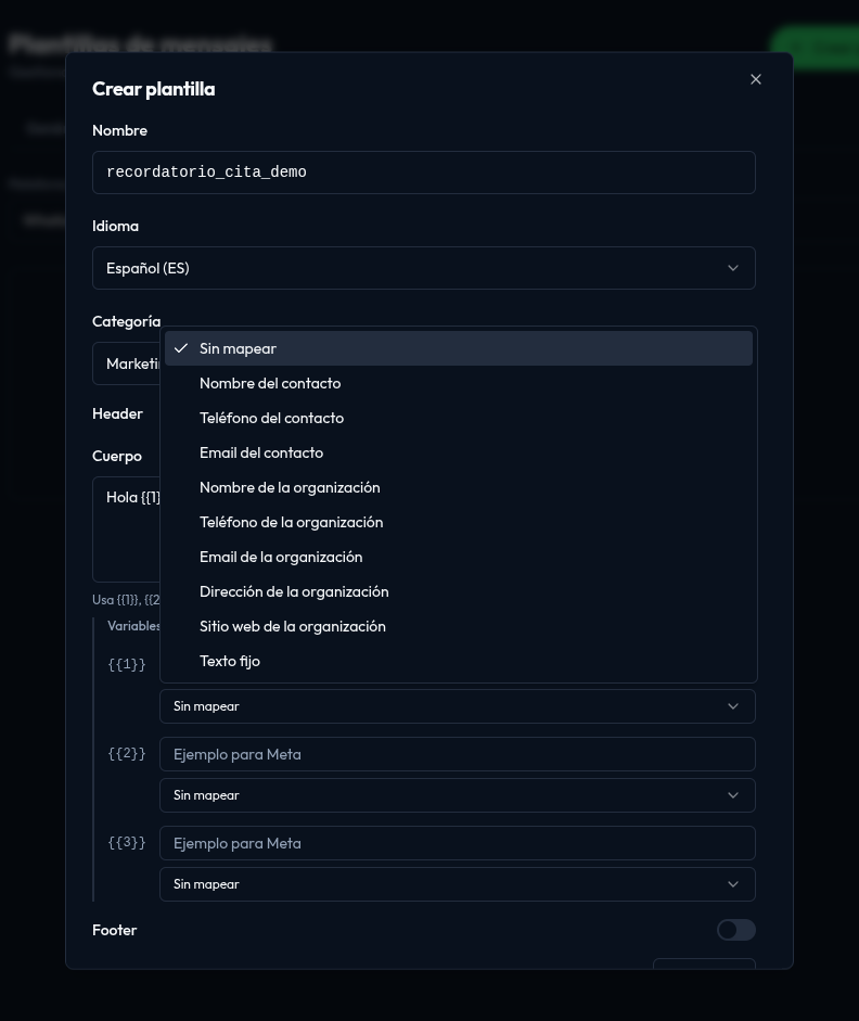 Selector de mapeo de variable abierto en el modal